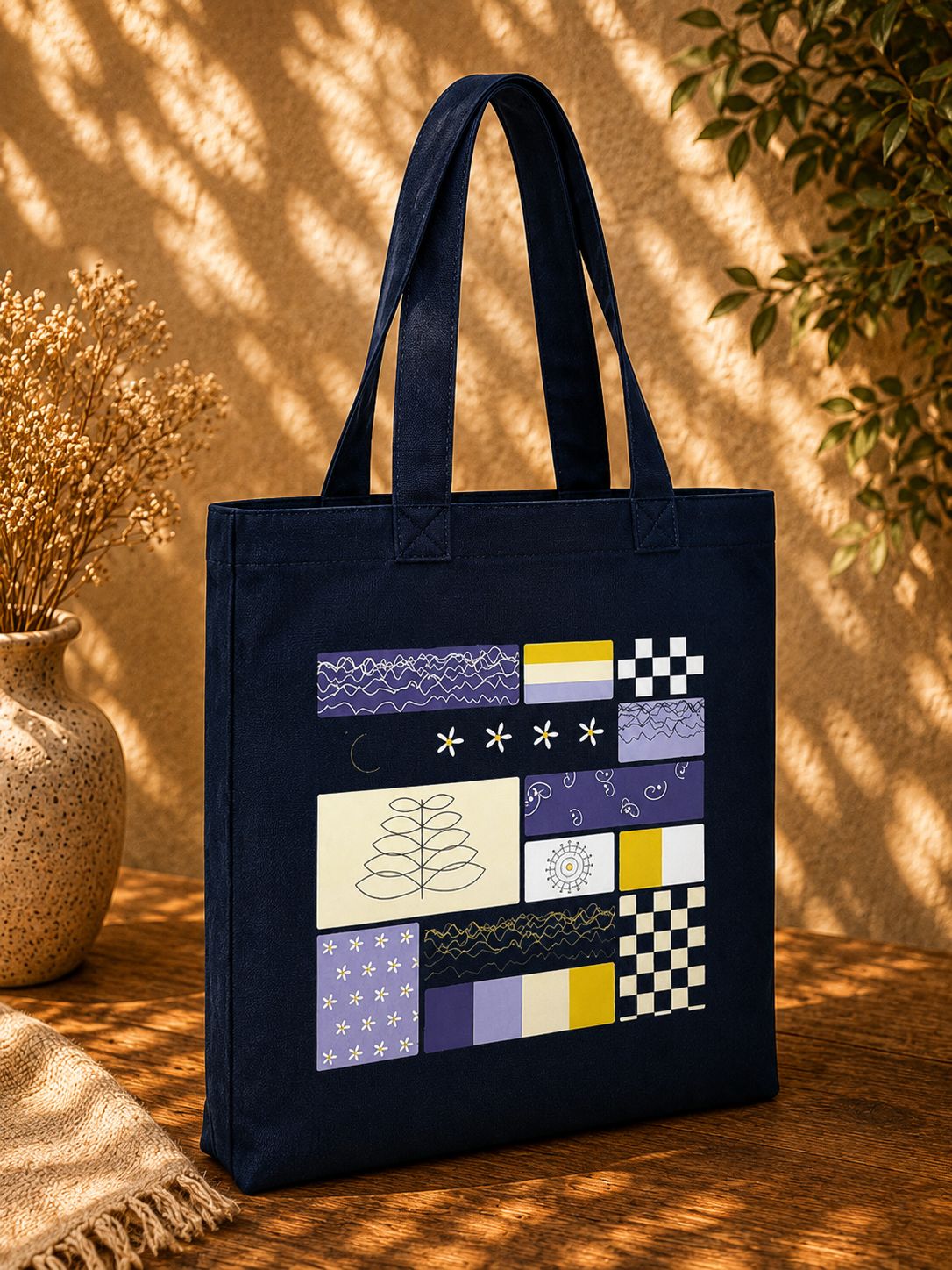 The Indigo Mosaic abstract collage navy tote bag, view 4