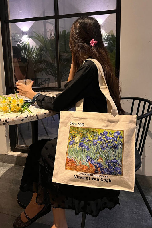 Van Gogh Irises art tote bag in natural canvas, view 2