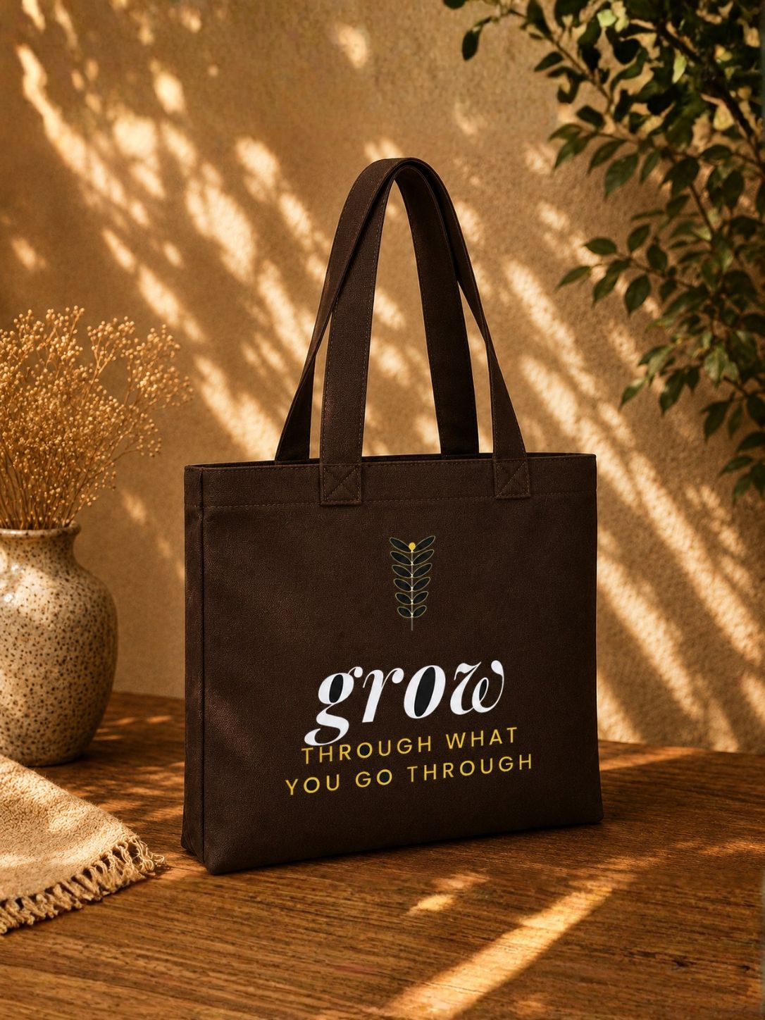 The Rooted Canvas brown botanical quote tote bag, view 4