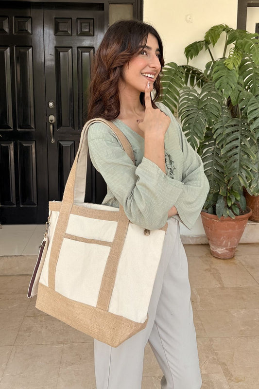 Savannah Structured Tote Natural canvas and jute travel tote bag, view 2