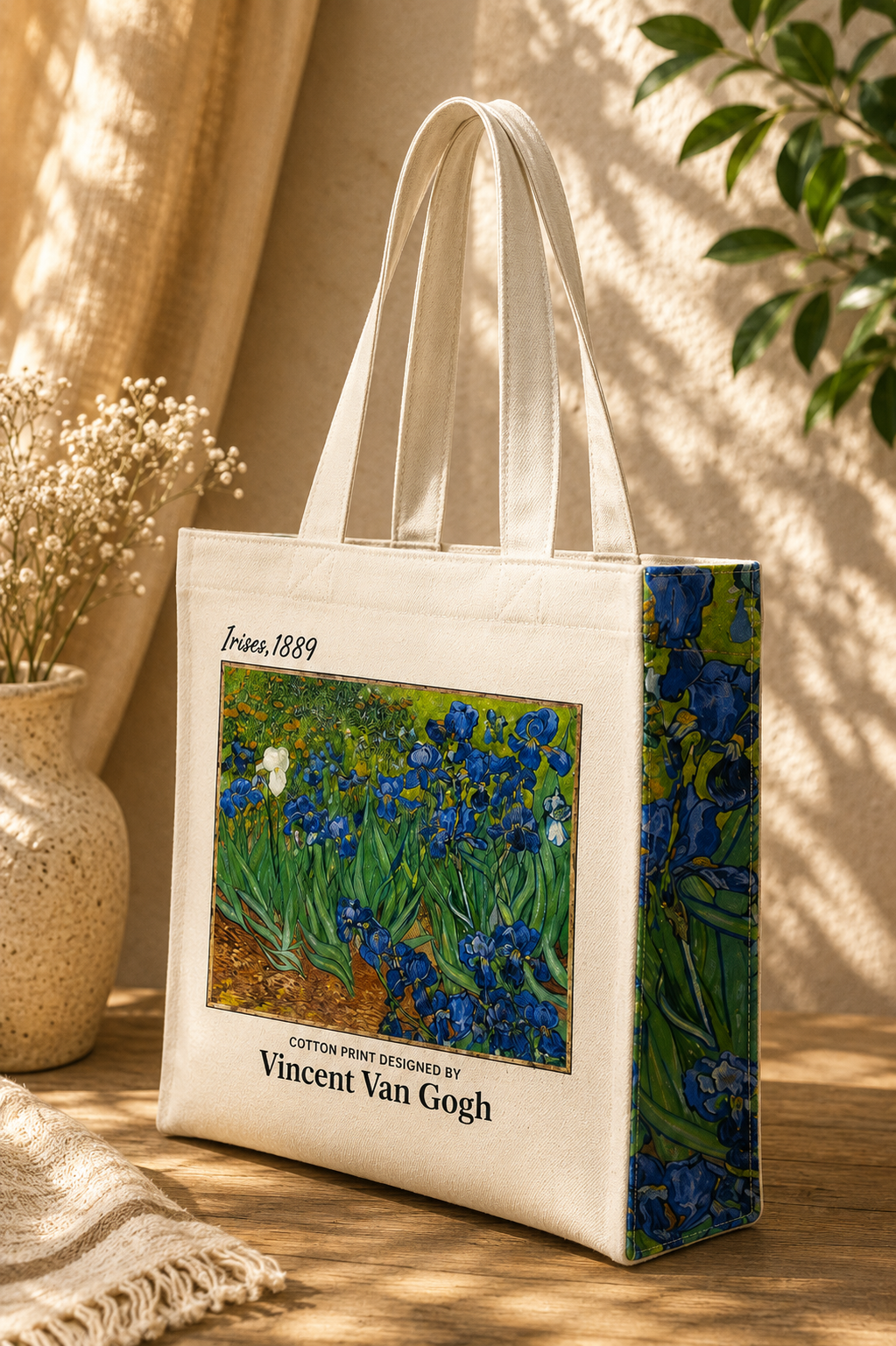 Van Gogh Irises art tote bag in natural canvas, view 5