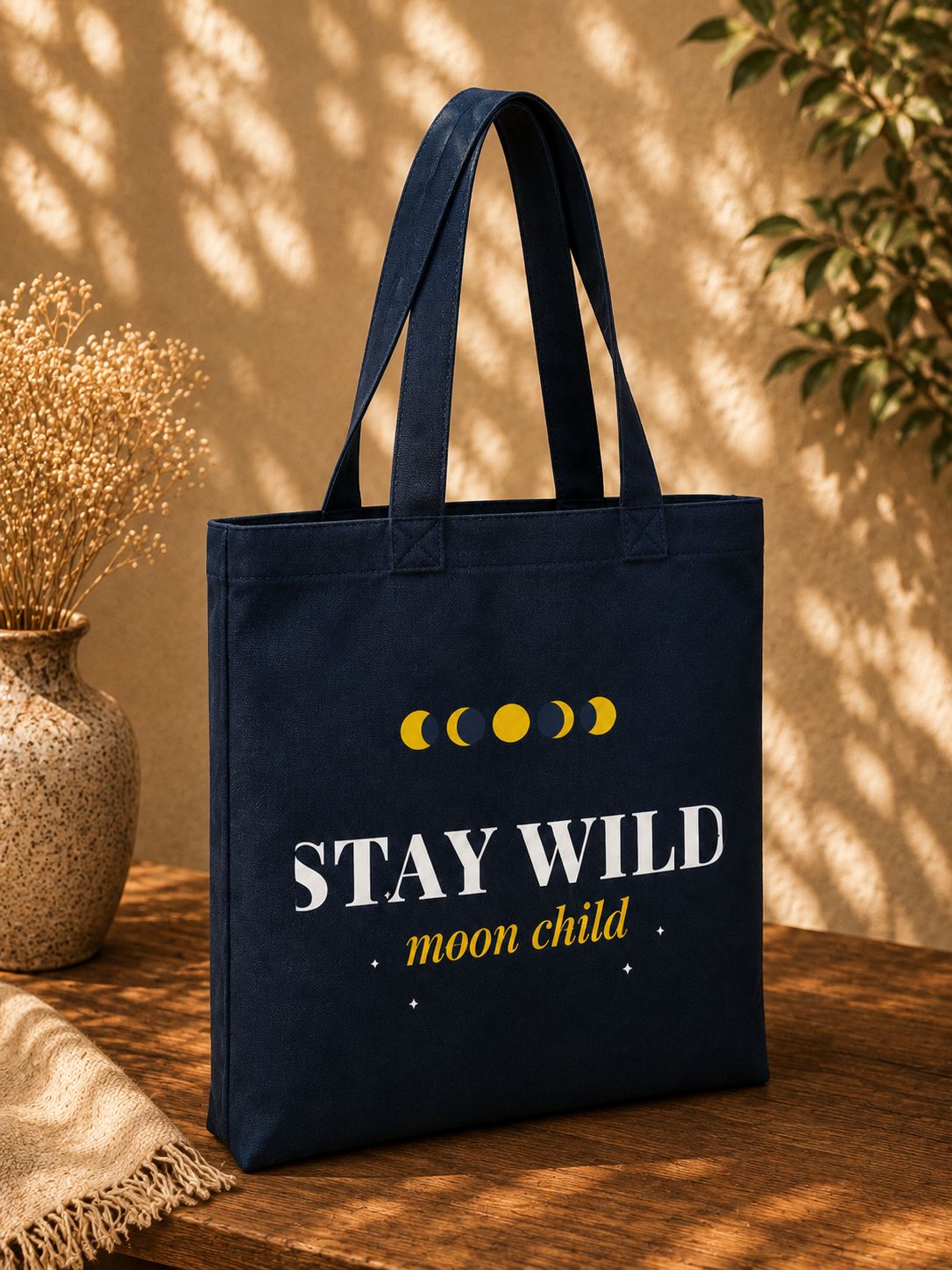The Moonchild Canvas navy moon phase tote bag, view 4