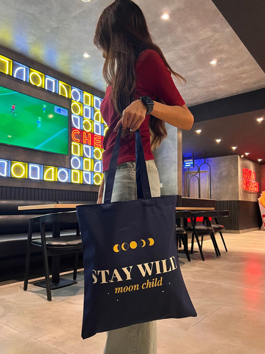 The Moonchild Canvas navy moon phase tote bag, view 2