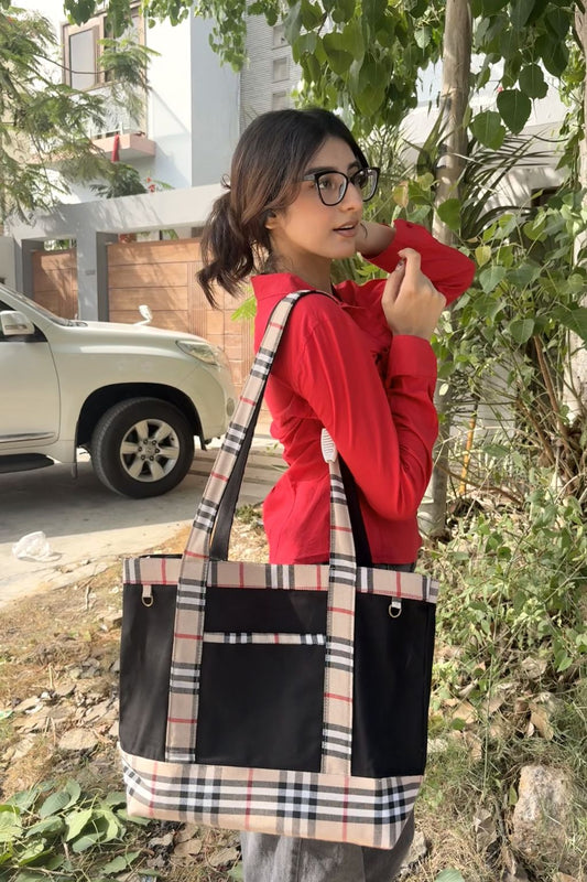 The Kensington Signature Tote Black tan plaid canvas tote bag, view 2
