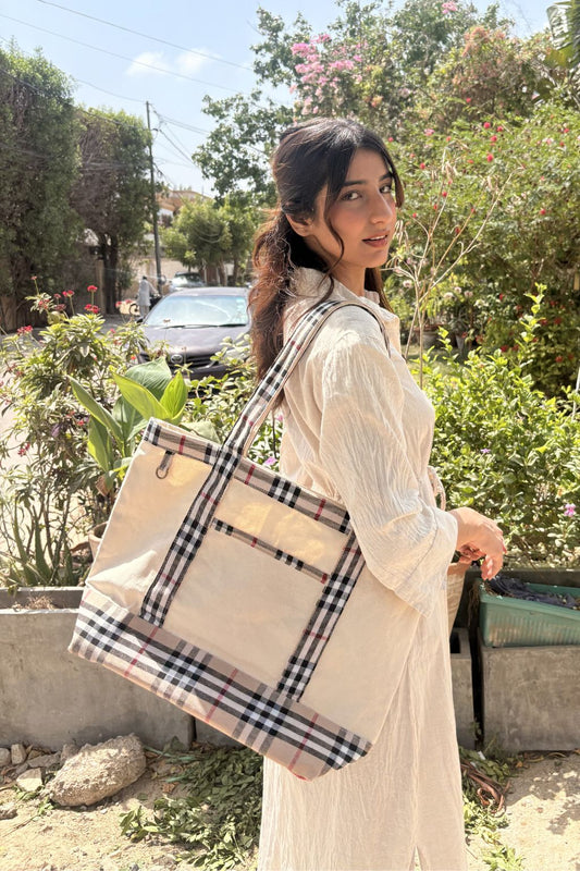 The Kensington Signature Tote Natural tan plaid canvas tote bag, view 2