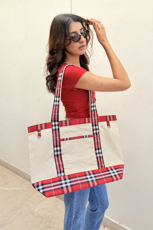 The Stirling Duet Natural tartan plaid canvas tote bag, view 2
