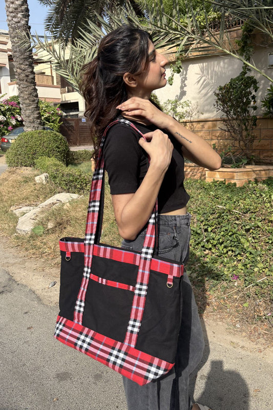 The Stirling Duet Black tartan plaid canvas tote bag, view 2