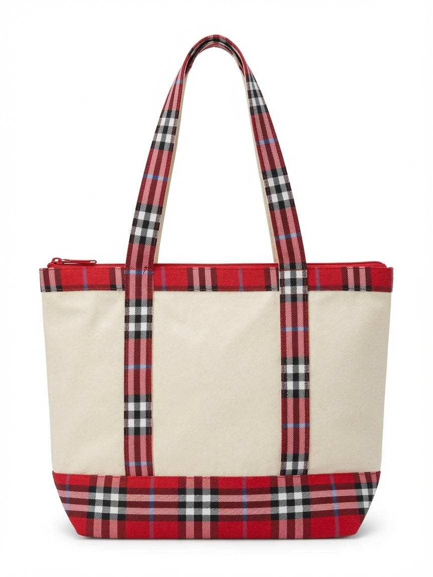 The Stirling Duet Natural tartan plaid canvas tote bag, view 4