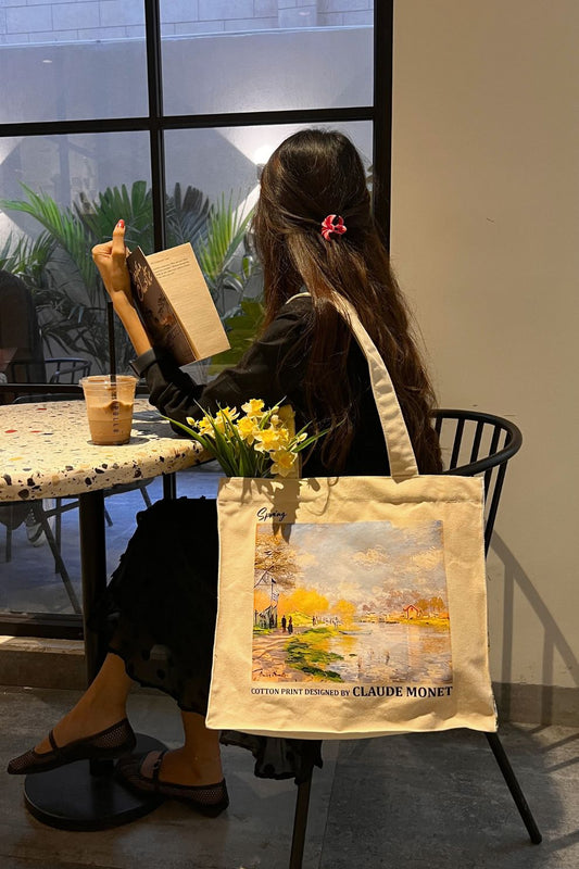 Monet Spring art tote bag in natural canvas, view 2