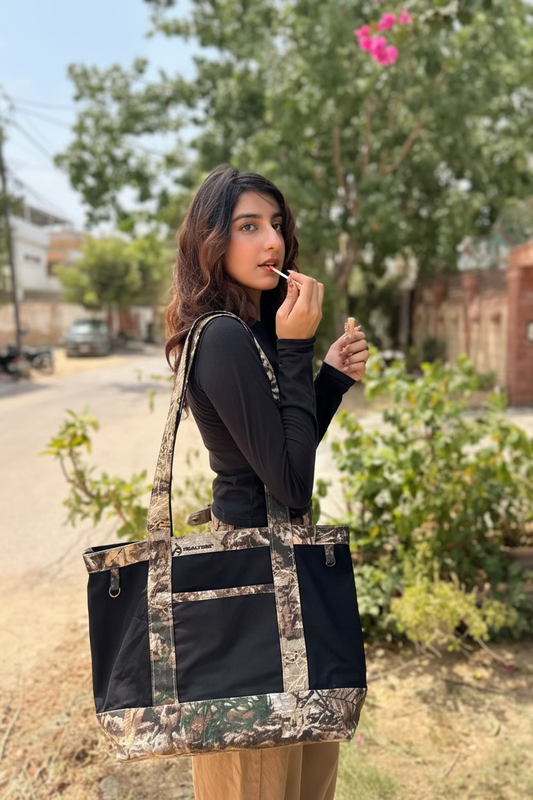 The Wilderness Utility Tote Black camo canvas tote bag, view 2