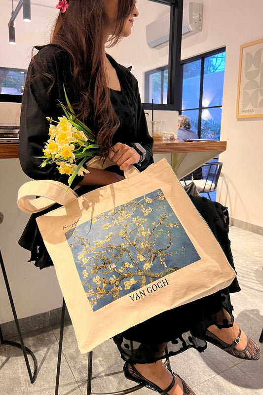 Van Gogh Almond Blossom art tote bag in natural canvas, view 2