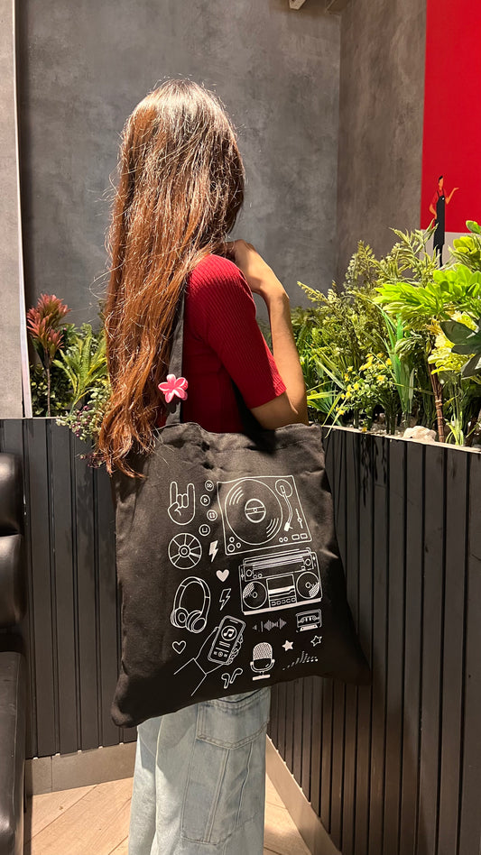 The Sonic Archive retro music print canvas tote bag, view 2